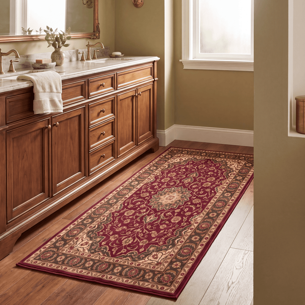 Foreland2 Traditional Overdyed Distressed Medallion Wine Olive Bone Washable Indoor Outdoor Entryway Rug - RugzellaDigital Print RugRugzellaRugzellaBBB419-RECT-24x47-60x120cmRGZLLA121491Rectangle2' x 3'11" (60x120 cm)RUNNER | Foreland2 runner bathroom