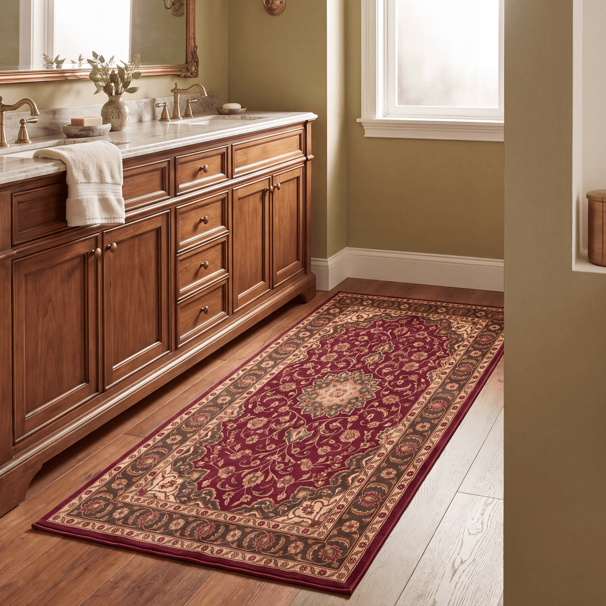 Foreland2 Traditional Overdyed Distressed Medallion Wine Olive Bone Washable Indoor Outdoor Entryway Rug - RugzellaDigital Print RugRugzellaRugzellaBBB419-RECT-24x47-60x120cmRGZLLA121491Rectangle2' x 3'11" (60x120 cm)RUNNER | Foreland2 runner bathroom