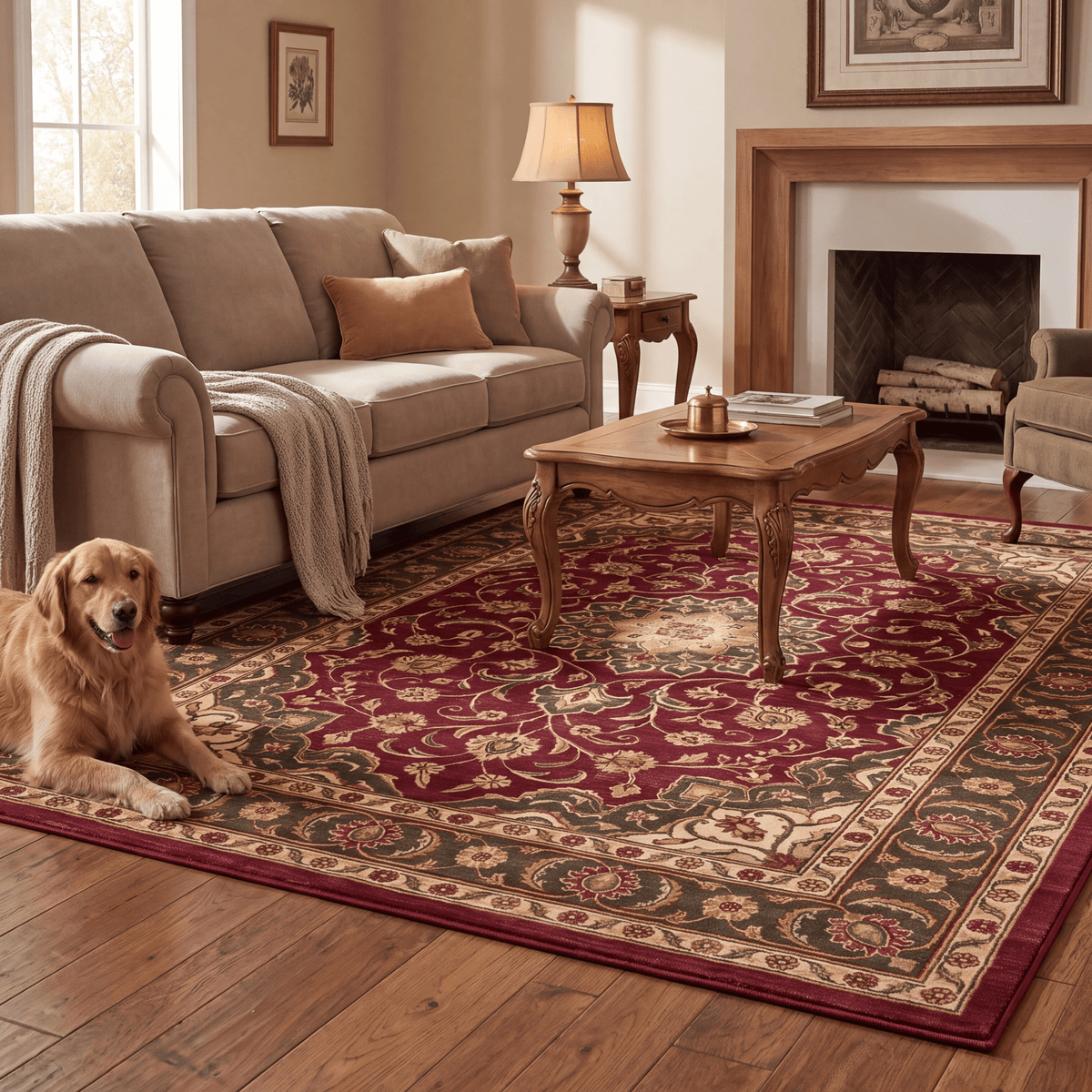 A dog resting on the rug in a living room.