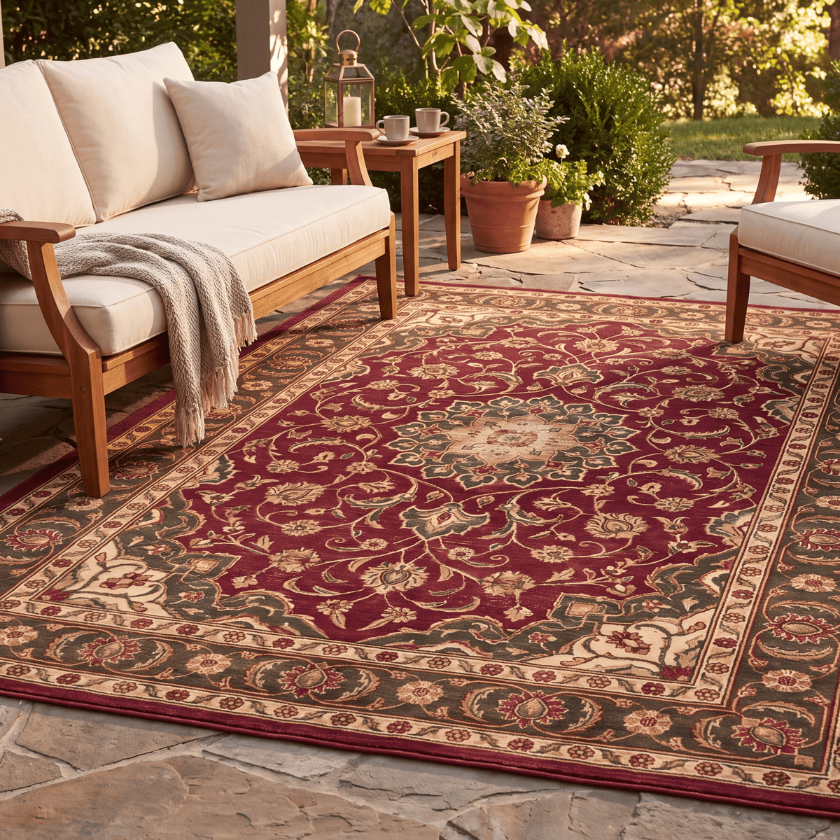 The rug laid flat on a patio beside outdoor seating.