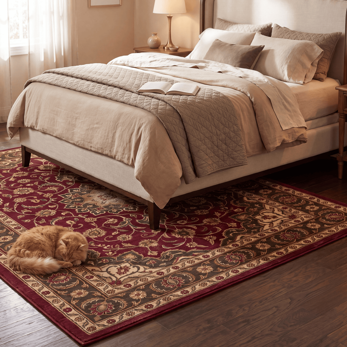 The rug at the foot of a bed with a cat asleep on it.