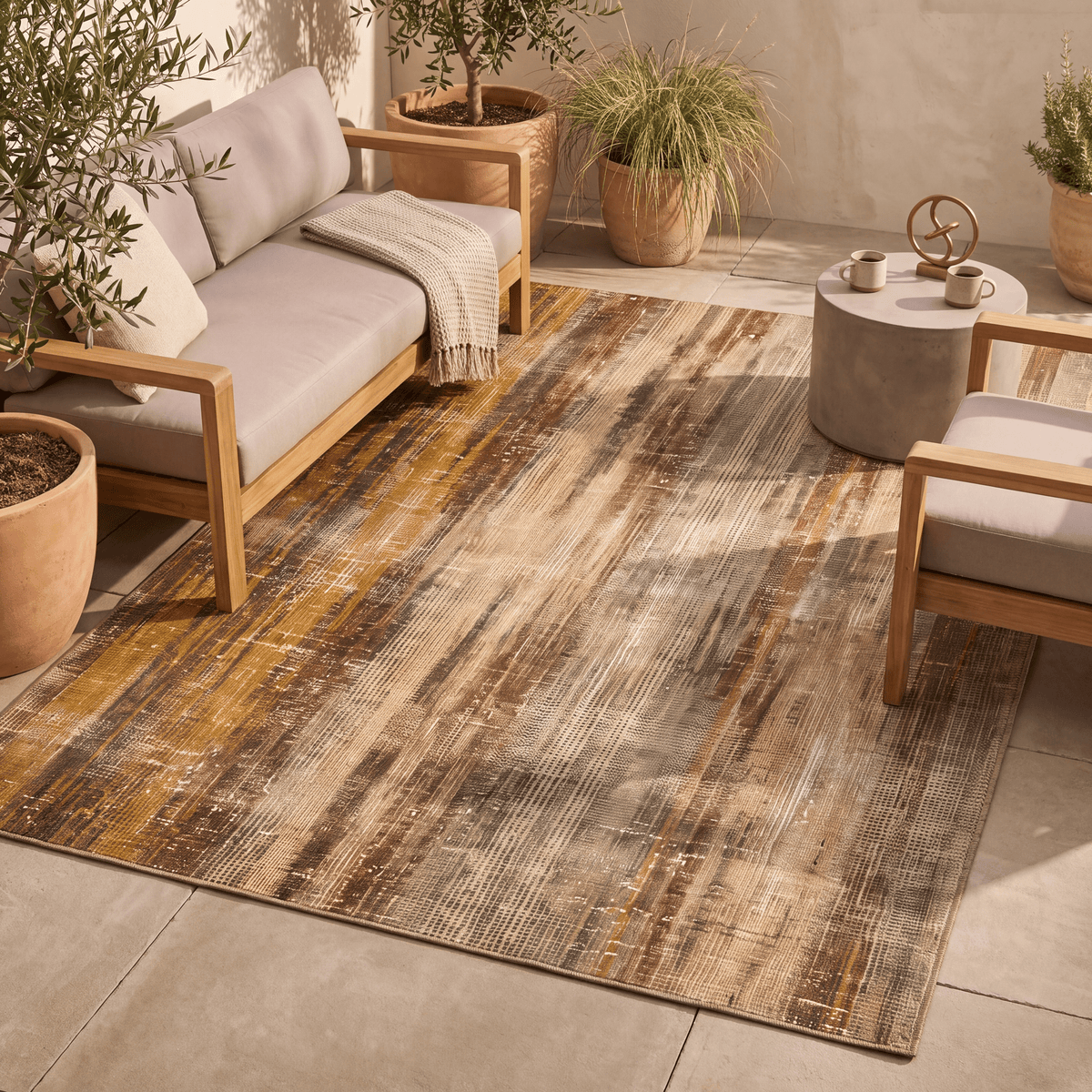 The rug laid flat on a patio beside outdoor seating.