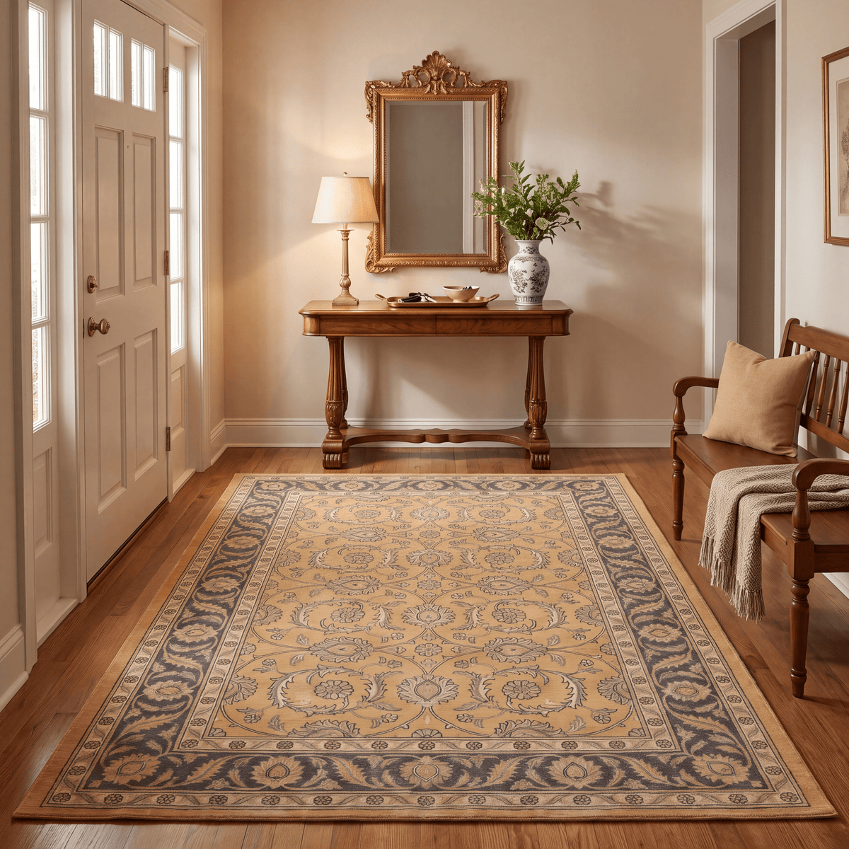 Foxtail Traditional Floral Border Mustard Charcoal Ivory Washable Indoor Outdoor Entryway Rug - RugzellaDigital Print RugRugzellaRugzellaBBB558-RECT-24x47-60x120cmRGZLLA168391Rectangle2' x 3'11" (60x120 cm)RECTANGLE | Foxtail rectangle entryway