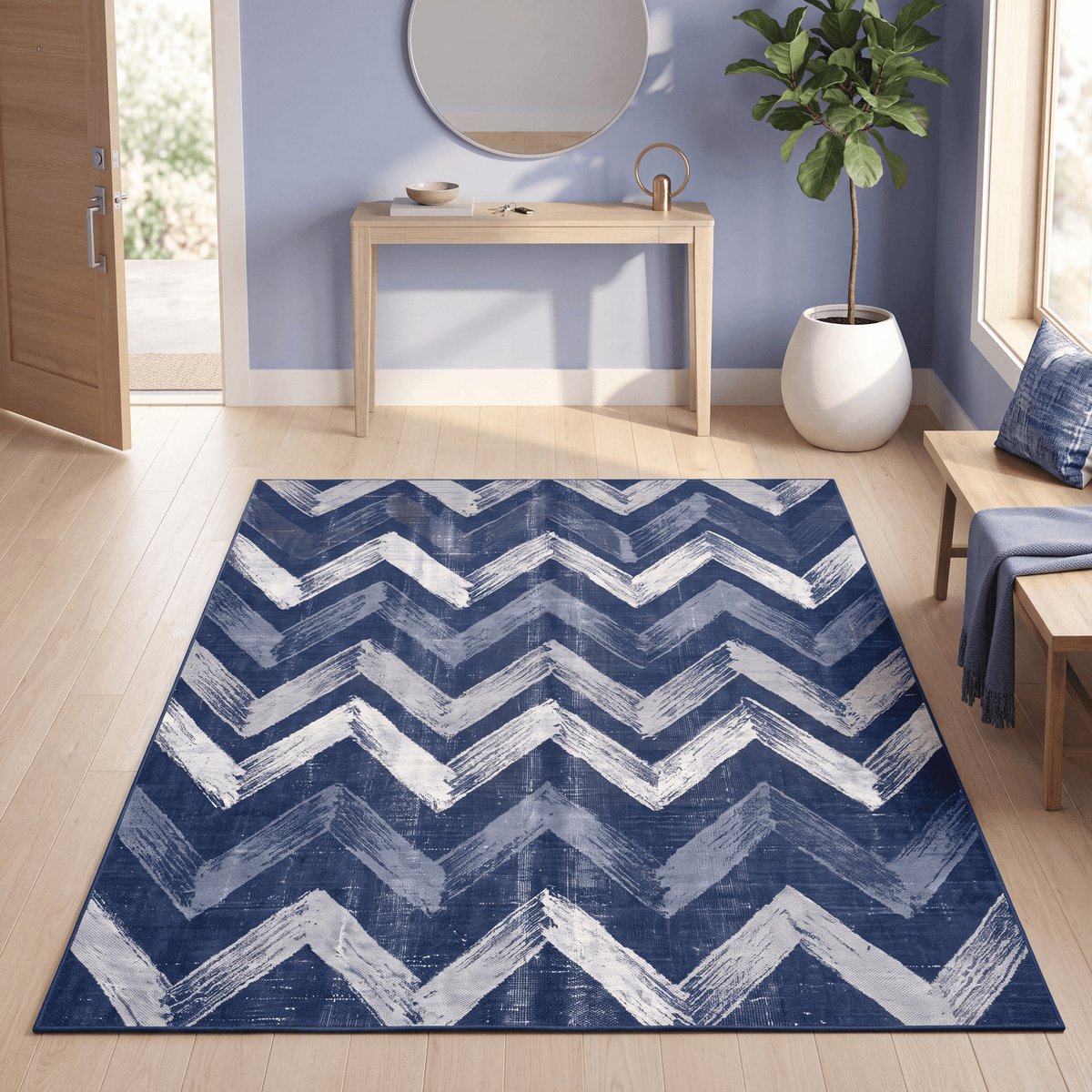 Fritillary Modern Brushstroke Stripe Indigo Blue Gray Chalk White Washable Indoor Outdoor Entryway Rug - RugzellaDigital Print RugRugzellaRugzellaBBB559-RECT-24x47-60x120cmRGZLLA168726Rectangle2' x 3'11" (60x120 cm)RECTANGLE | Fritillary rectangle entryway
