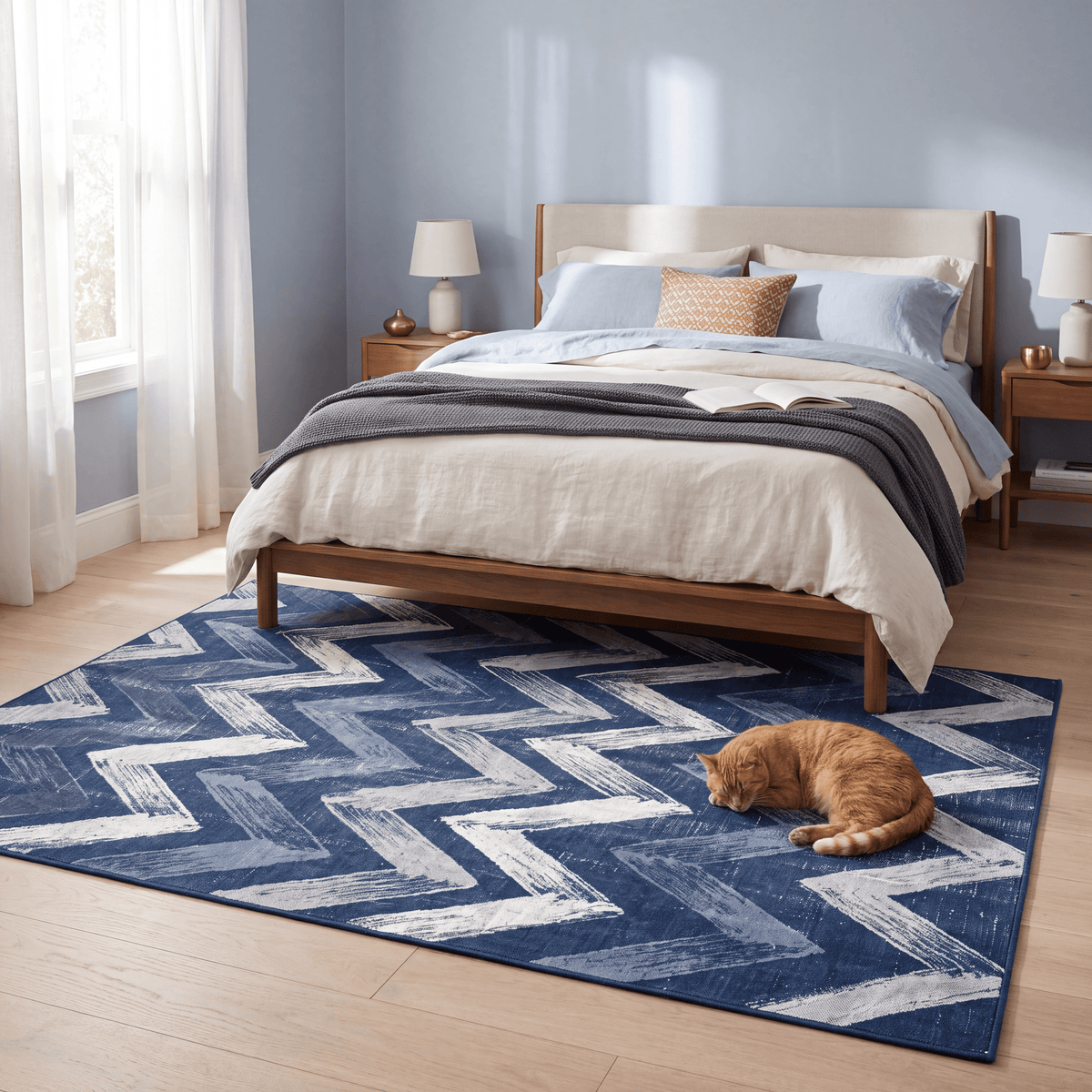 The rug at the foot of a bed with a cat asleep on it.