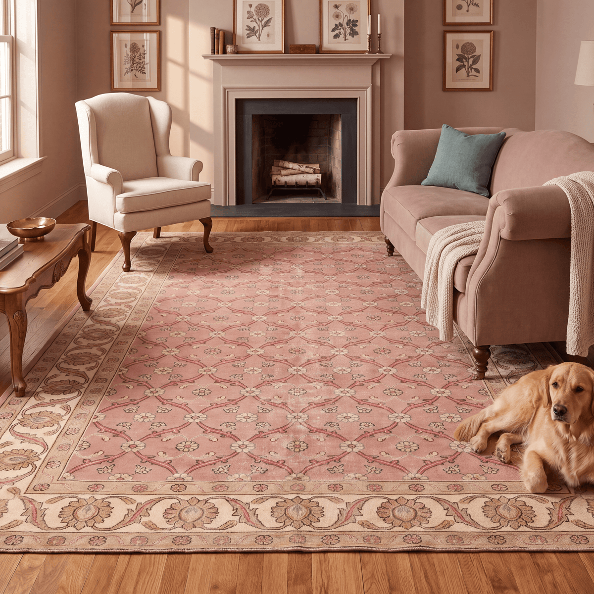 A dog resting on the rug in a living room.