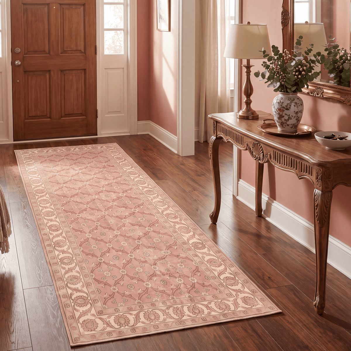 Frost2 Traditional Floral Border Rose Madder Cream Washable Indoor Outdoor Rug - RugzellaDigital Print RugRugzellaRugzellaBBB381-RECT-24x47-60x120cmRGZLLA110771Rectangle2' x 3'11" (60x120 cm)RUNNER | Frost2 runner entryway