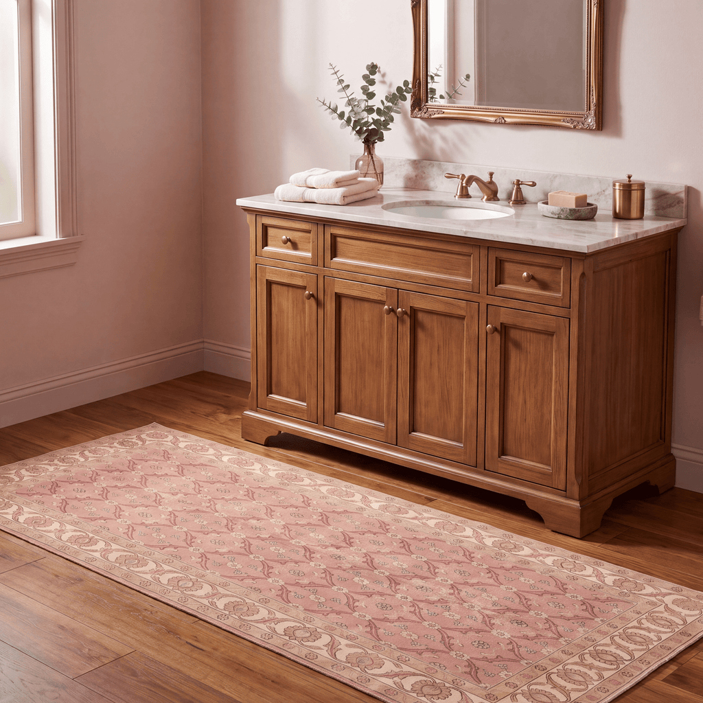Frost2 Traditional Floral Border Rose Madder Cream Washable Indoor Outdoor Rug - RugzellaDigital Print RugRugzellaRugzellaBBB381-RECT-24x47-60x120cmRGZLLA110771Rectangle2' x 3'11" (60x120 cm)RUNNER | Frost2 runner bathroom