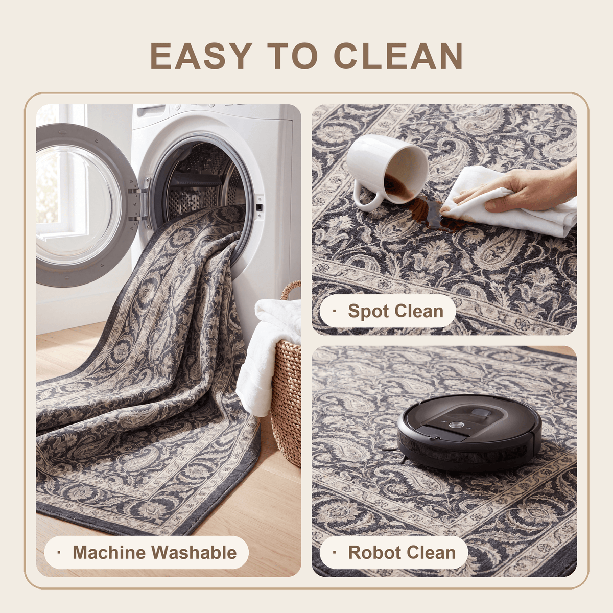 Gilliflower Traditional Floral Border Charcoal Pewter Ivory Washable Indoor Outdoor Entryway Rug - RugzellaDigital Print RugRugzellaRugzellaBBB562-RECT-24x47-60x120cmRGZLLA169061Rectangle2' x 3'11" (60x120 cm)SHARED | Gilliflower feature clean