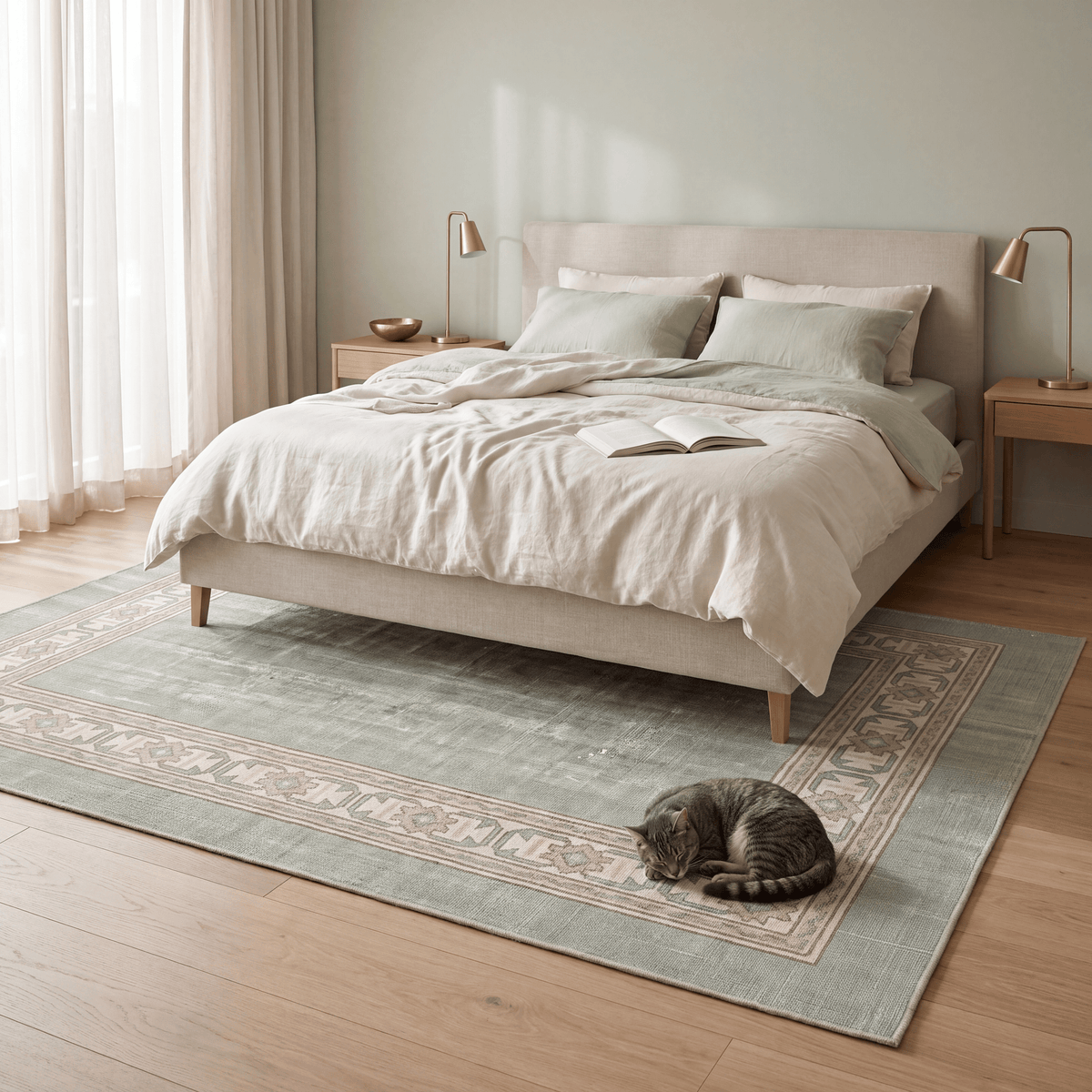 The rug at the foot of a bed with a cat asleep on it.