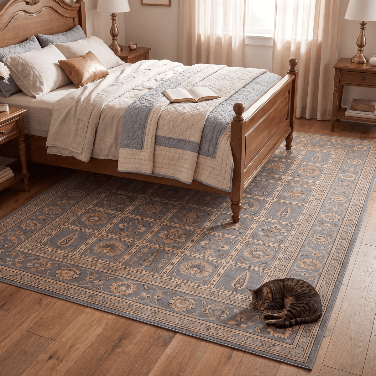 The rug at the foot of a bed with a cat asleep on it.