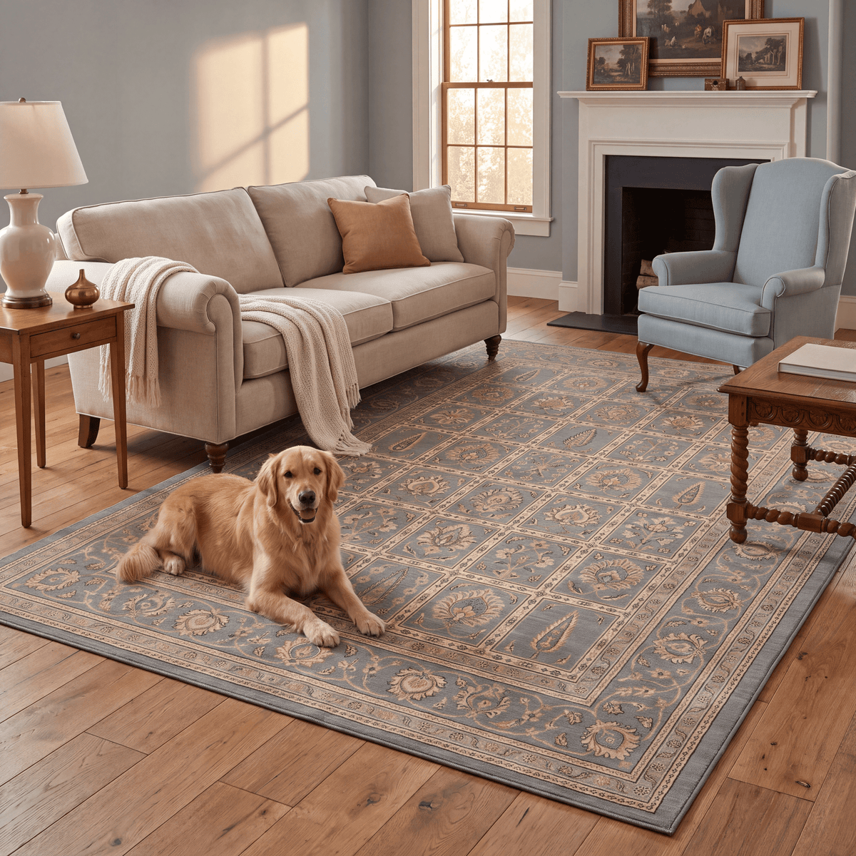 A dog resting on the rug in a living room.