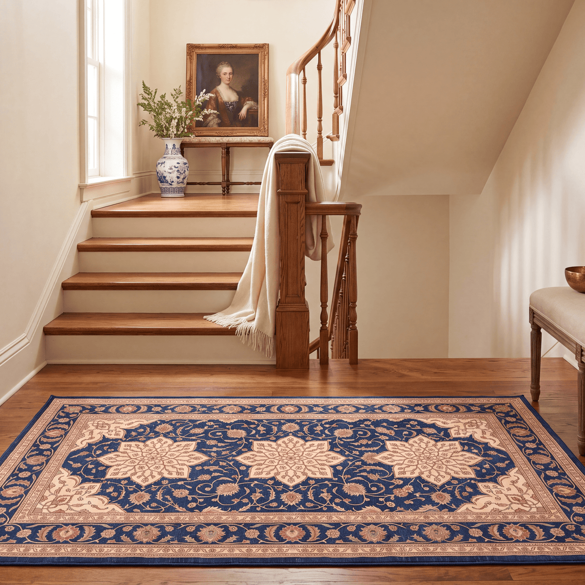 Gorge2 Traditional Medallion Border Persian Style Indigo Ivory Red Washable Indoor Outdoor Rug - RugzellaDigital Print RugRugzellaRugzellaBBB420-RECT-24x47-60x120cmRGZLLA121826Rectangle2' x 3'11" (60x120 cm)RUNNER | Gorge2 runner staircase