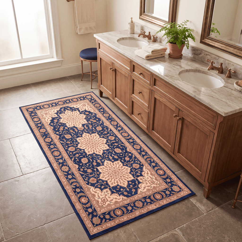 Gorge2 Traditional Medallion Border Persian Style Indigo Ivory Red Washable Indoor Outdoor Rug - RugzellaDigital Print RugRugzellaRugzellaBBB420-RECT-24x47-60x120cmRGZLLA121826Rectangle2' x 3'11" (60x120 cm)RUNNER | Gorge2 runner bathroom