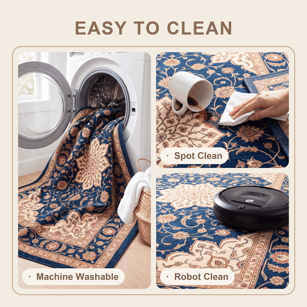 Gorge2 Traditional Medallion Border Persian Style Indigo Ivory Red Washable Indoor Outdoor Rug - RugzellaDigital Print RugRugzellaRugzellaBBB420-RECT-24x47-60x120cmRGZLLA121826Rectangle2' x 3'11" (60x120 cm)SHARED | Gorge2 feature clean