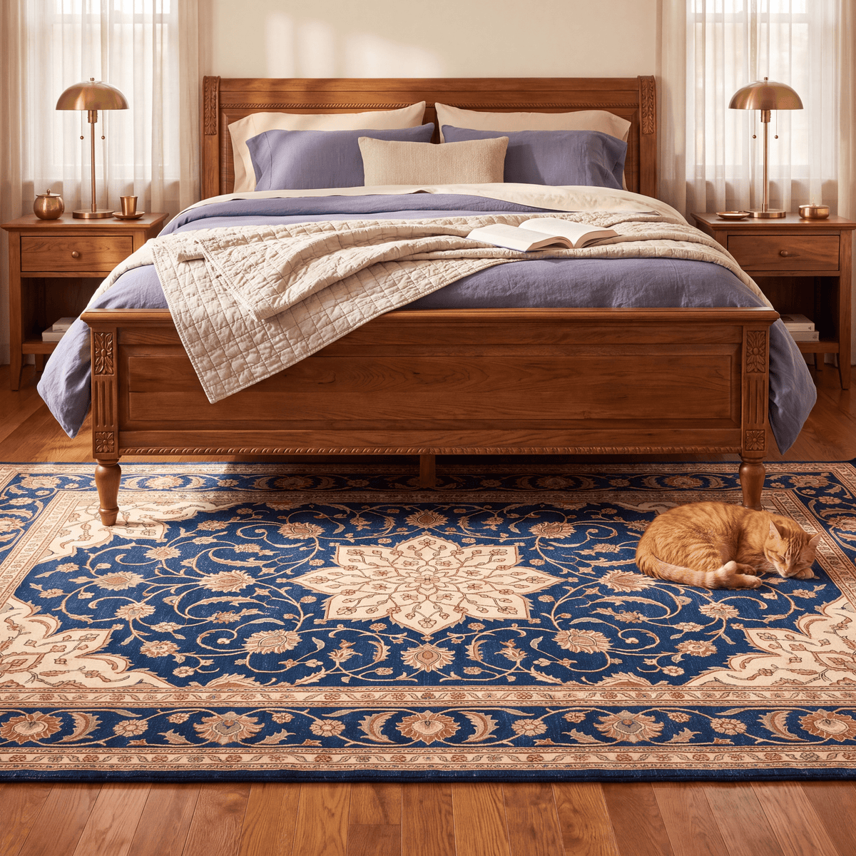 The rug at the foot of a bed with a cat asleep on it.