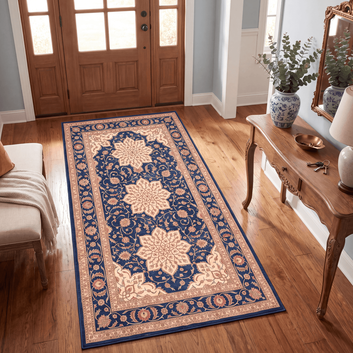Gorge2 Traditional Medallion Border Persian Style Indigo Ivory Red Washable Indoor Outdoor Rug - RugzellaDigital Print RugRugzellaRugzellaBBB420-RECT-24x47-60x120cmRGZLLA121826Rectangle2' x 3'11" (60x120 cm)RUNNER | Gorge2 runner entryway