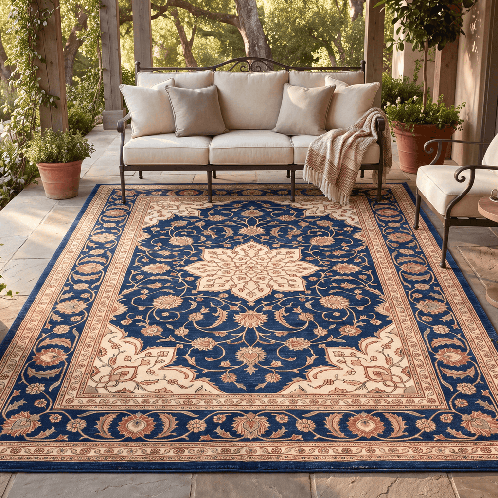 Gorge2 Traditional Medallion Border Persian Style Indigo Ivory Red Washable Indoor Outdoor Rug - RugzellaDigital Print RugRugzellaRugzellaBBB420-RECT-24x47-60x120cmRGZLLA121826Rectangle2' x 3'11" (60x120 cm)RECTANGLE | Gorge2 rectangle outdoor