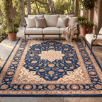 Gorge2 Traditional Medallion Border Persian Style Indigo Ivory Red Washable Indoor Outdoor Rug - RugzellaDigital Print RugRugzellaRugzellaBBB420-RECT-24x47-60x120cmRGZLLA121826Rectangle2' x 3'11" (60x120 cm)RECTANGLE | Gorge2 rectangle outdoor