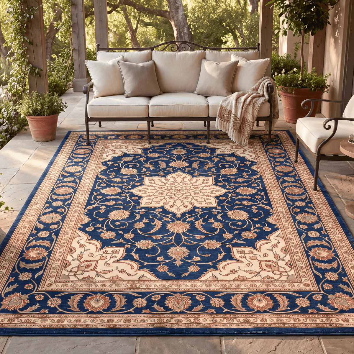 Gorge2 Traditional Medallion Border Persian Style Indigo Ivory Red Washable Indoor Outdoor Rug - RugzellaDigital Print RugRugzellaRugzellaBBB420-RECT-24x47-60x120cmRGZLLA121826Rectangle2' x 3'11" (60x120 cm)RECTANGLE | Gorge2 rectangle outdoor