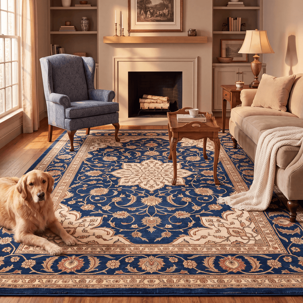 Gorge2 Traditional Medallion Border Persian Style Indigo Ivory Red Washable Indoor Outdoor Rug - RugzellaDigital Print RugRugzellaRugzellaBBB420-RECT-24x47-60x120cmRGZLLA121826Rectangle2' x 3'11" (60x120 cm)RECTANGLE | Gorge2 rectangle livingroom