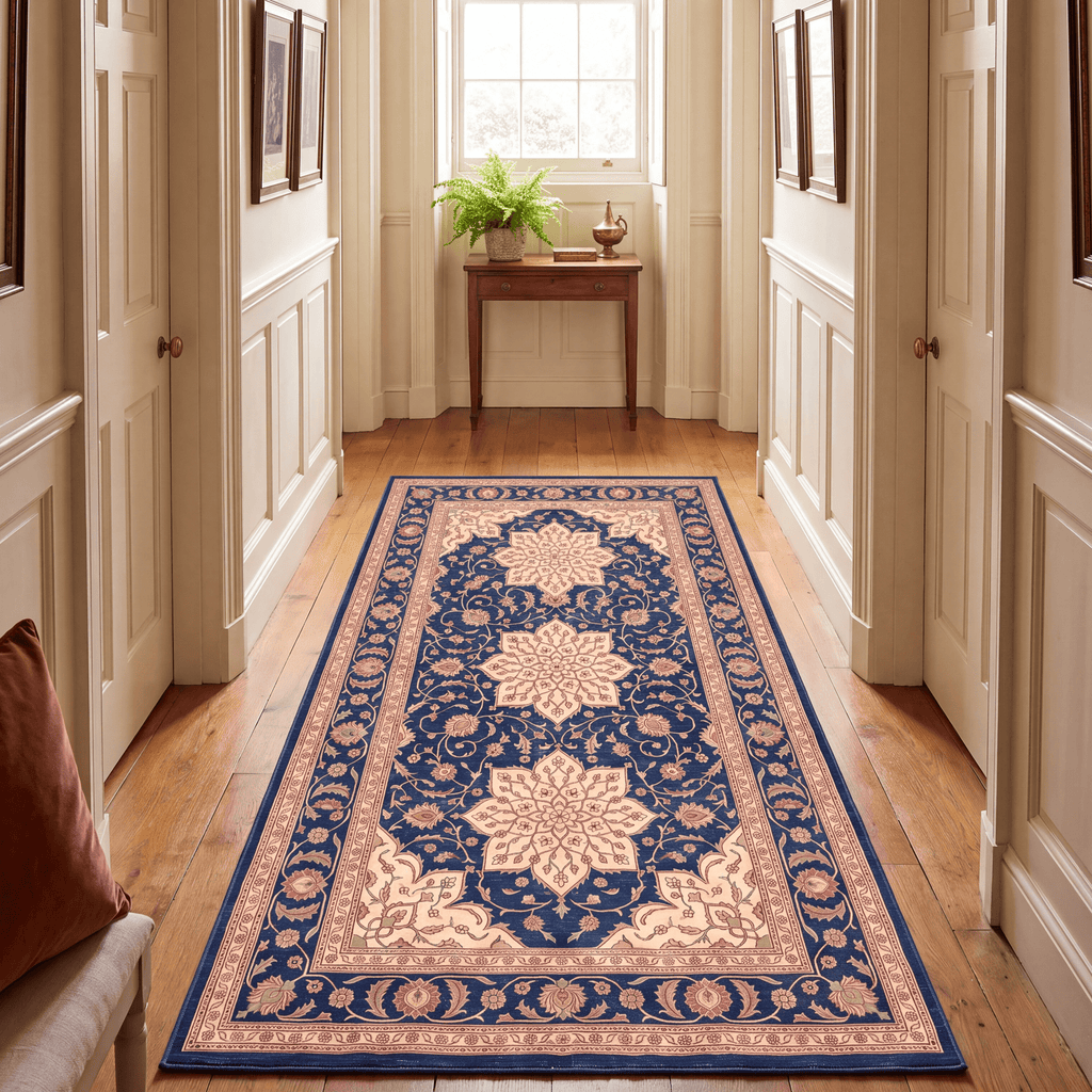 Gorge2 Traditional Medallion Border Persian Style Indigo Ivory Red Washable Indoor Outdoor Rug - RugzellaDigital Print RugRugzellaRugzellaBBB420-RECT-24x47-60x120cmRGZLLA121826Rectangle2' x 3'11" (60x120 cm)RUNNER | Gorge2 runner hallway