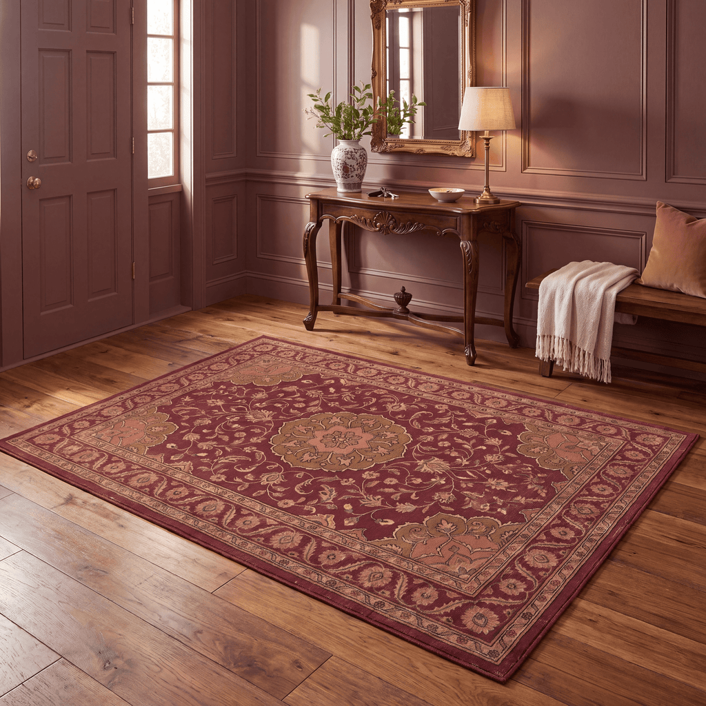 Gravelbed Traditional Medallion Border Oxblood Bronze Linen Washable Indoor Outdoor Entryway Rug - RugzellaDigital Print RugRugzellaRugzellaBBB453-RECT-24x47-60x120cmRGZLLA128526Rectangle2' x 3'11" (60x120 cm)RECTANGLE | Gravelbed rectangle entryway