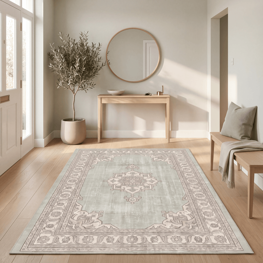 Grindle Modern Minimalist Border Sage Green Linen Fog Washable Indoor Outdoor Entryway Rug - RugzellaDigital Print RugRugzellaRugzellaBBB455-RECT-24x47-60x120cmRGZLLA129196Rectangle2' x 3'11" (60x120 cm)RECTANGLE | Grindle rectangle entryway