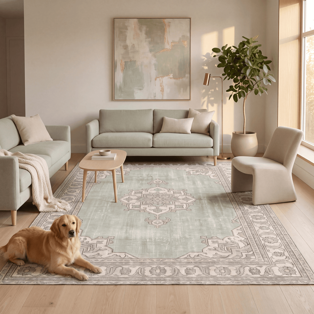 Grindle Modern Minimalist Border Sage Green Linen Fog Washable Indoor Outdoor Entryway Rug - RugzellaDigital Print RugRugzellaRugzellaBBB455-RECT-24x47-60x120cmRGZLLA129196Rectangle2' x 3'11" (60x120 cm)RECTANGLE | Grindle rectangle livingroom