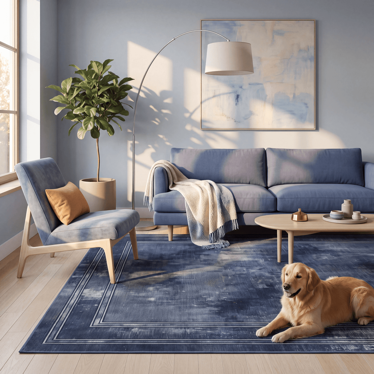 A dog resting on the rug in a living room.