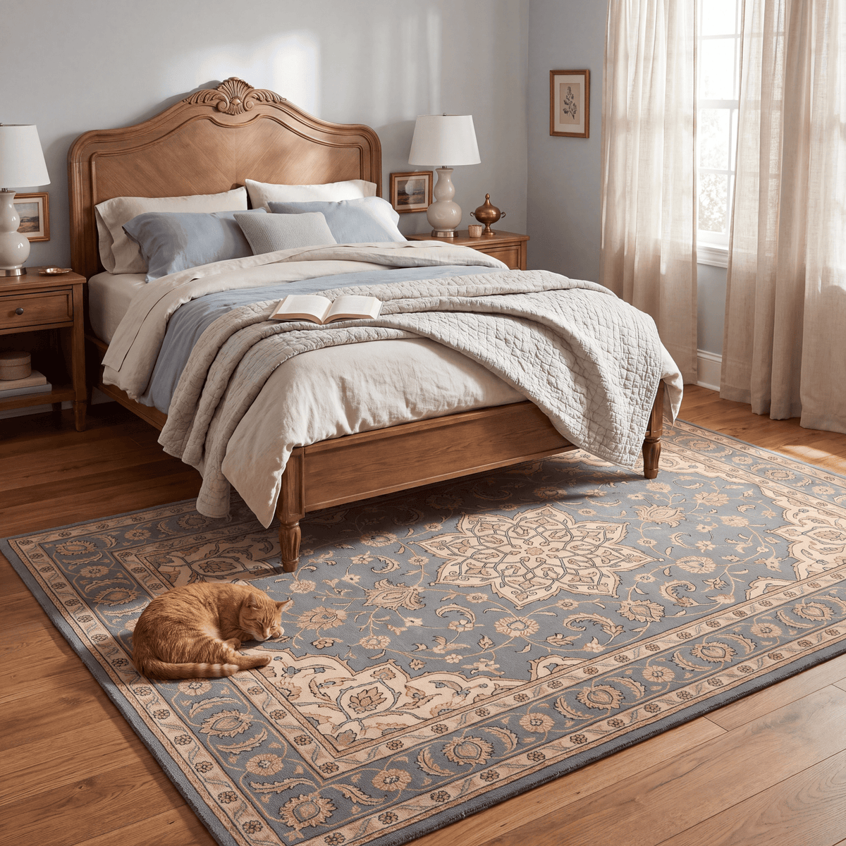The rug at the foot of a bed with a cat asleep on it.