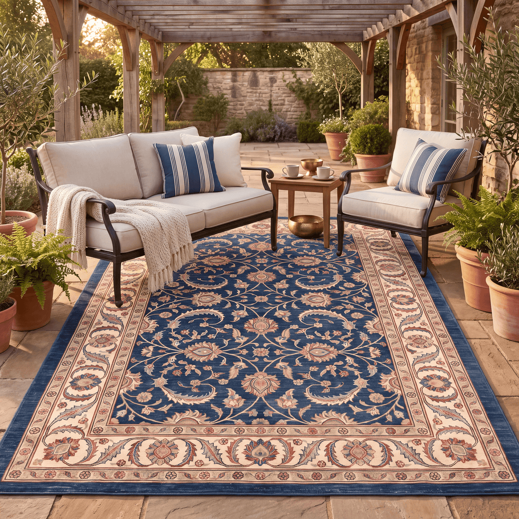Guelder Traditional All Over Floral Bordered Indigo Ivory Madder Red Washable Indoor Outdoor Entryway Rug - RugzellaDigital Print RugRugzellaRugzellaBBB569-RECT-24x47-60x120cmRGZLLA171071Rectangle2' x 3'11" (60x120 cm)RECTANGLE | Guelder rectangle outdoor