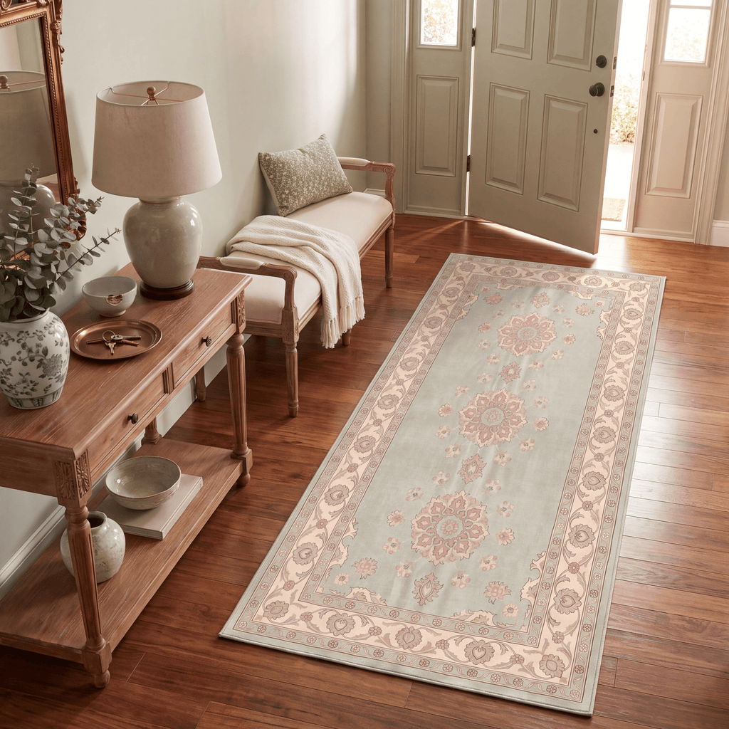 Gully2 Traditional Medallion Border Sage Ivory Rose Washable Indoor Outdoor Entryway Rug - RugzellaDigital Print RugRugzellaRugzellaBBB421-RECT-24x47-60x120cmRGZLLA136566Rectangle2' x 3'11" (60x120 cm)RUNNER | Gully2 runner entryway