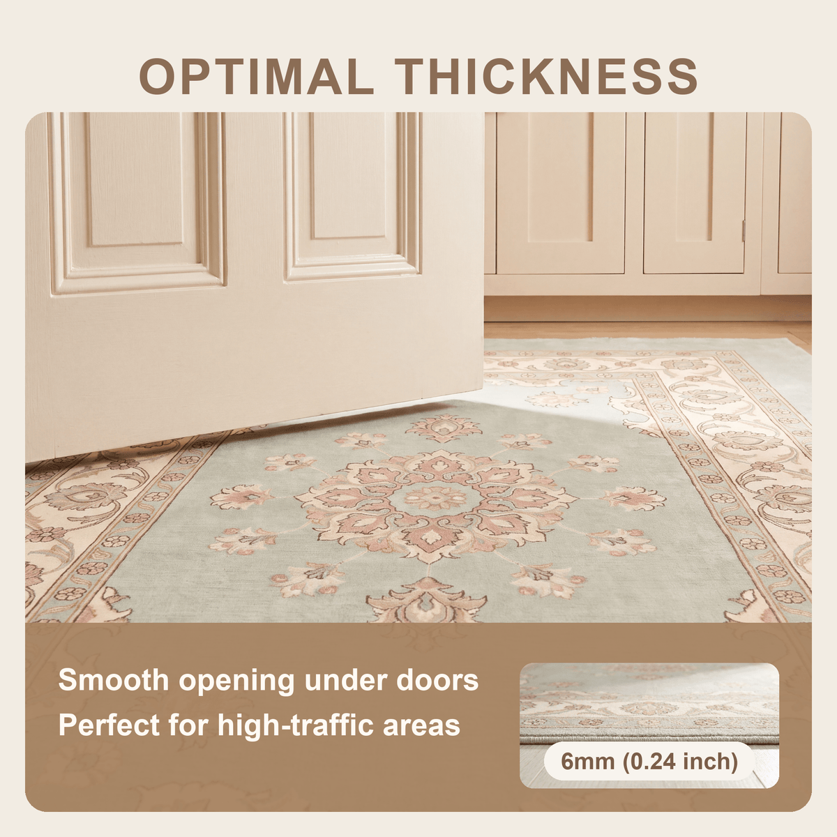 Gully2 Traditional Medallion Border Sage Ivory Rose Washable Indoor Outdoor Entryway Rug - RugzellaDigital Print RugRugzellaRugzellaBBB421-RECT-24x47-60x120cmRGZLLA136566Rectangle2' x 3'11" (60x120 cm)SHARED | Gully2 feature thickness