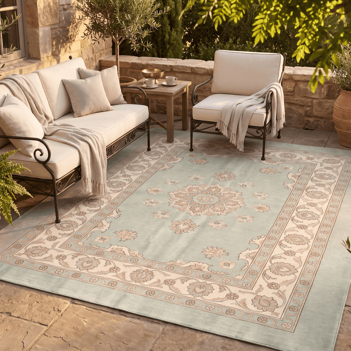 The rug laid flat on a patio beside outdoor seating.