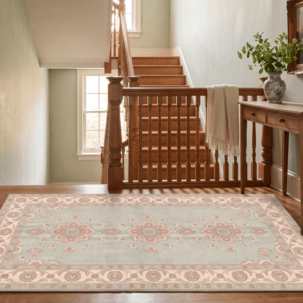 Gully2 Traditional Medallion Border Sage Ivory Rose Washable Indoor Outdoor Entryway Rug - RugzellaDigital Print RugRugzellaRugzellaBBB421-RECT-24x47-60x120cmRGZLLA136566Rectangle2' x 3'11" (60x120 cm)RUNNER | Gully2 runner staircase