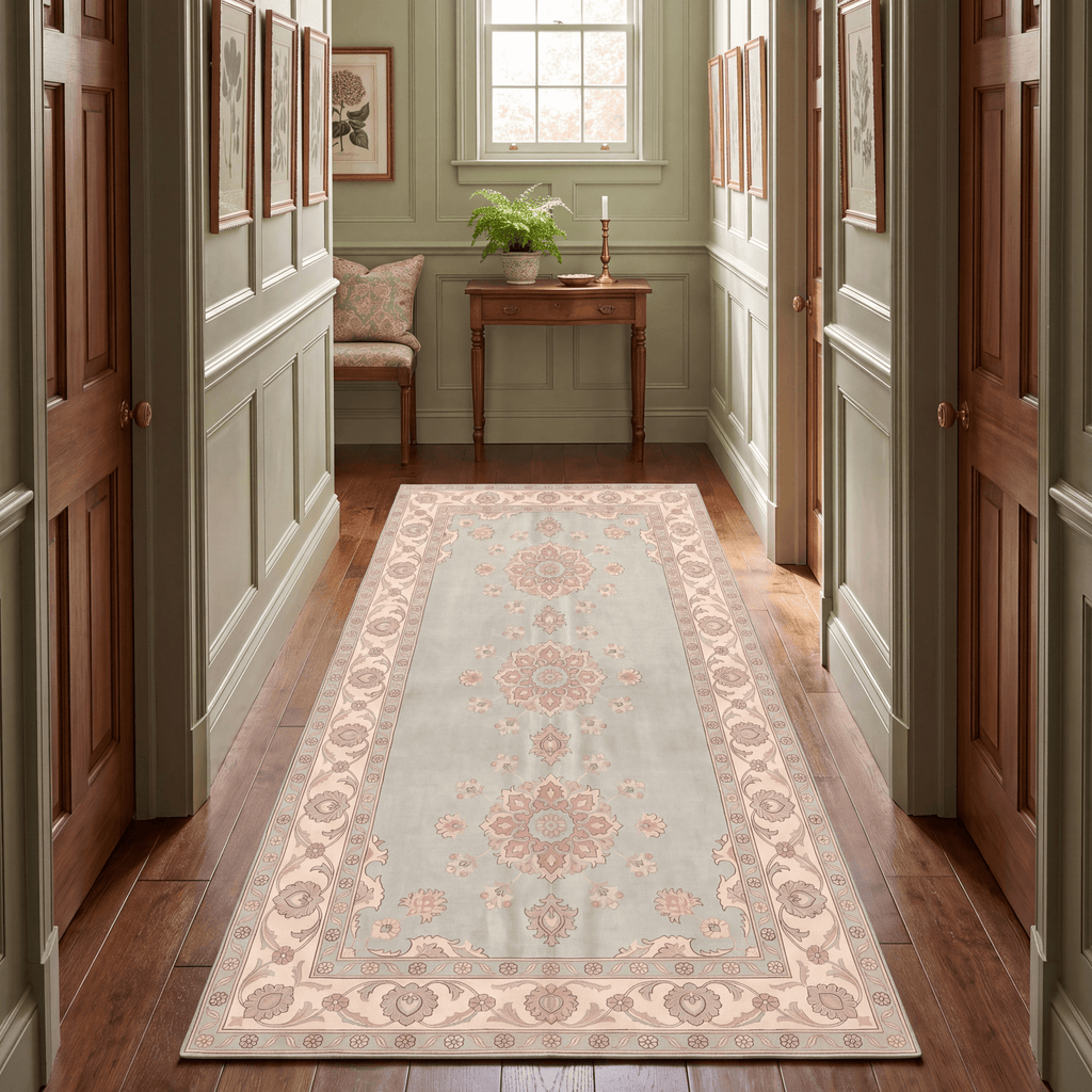 Gully2 Traditional Medallion Border Sage Ivory Rose Washable Indoor Outdoor Entryway Rug - RugzellaDigital Print RugRugzellaRugzellaBBB421-RECT-24x47-60x120cmRGZLLA136566Rectangle2' x 3'11" (60x120 cm)RUNNER | Gully2 runner hallway