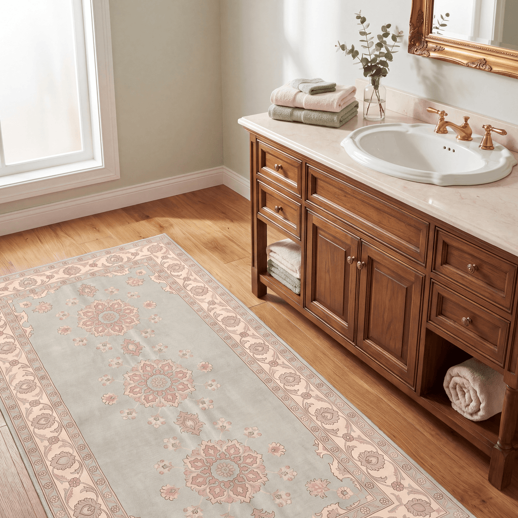 Gully2 Traditional Medallion Border Sage Ivory Rose Washable Indoor Outdoor Entryway Rug - RugzellaDigital Print RugRugzellaRugzellaBBB421-RECT-24x47-60x120cmRGZLLA136566Rectangle2' x 3'11" (60x120 cm)RUNNER | Gully2 runner bathroom