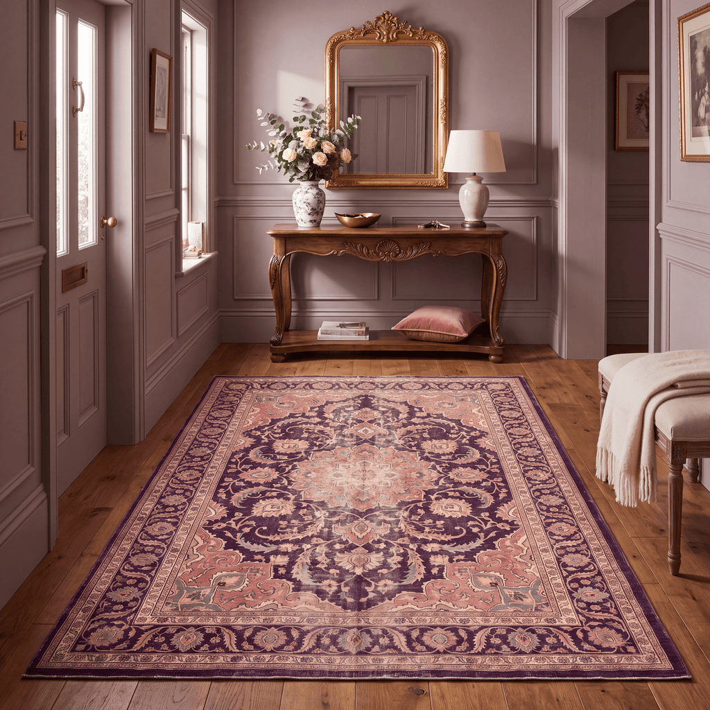 Hardhead Traditional Distressed Medallion Aubergine Rose Ivory Washable Indoor Outdoor Entryway Rug - RugzellaDigital Print RugRugzellaRugzellaBBB570-RECT-24x47-60x120cmRGZLLA171406Rectangle2' x 3'11" (60x120 cm)RECTANGLE | Hardhead rectangle entryway