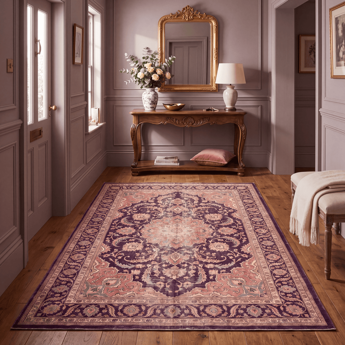 Hardhead Traditional Distressed Medallion Aubergine Rose Ivory Washable Indoor Outdoor Entryway Rug - RugzellaDigital Print RugRugzellaRugzellaBBB570-RECT-24x47-60x120cmRGZLLA171406Rectangle2' x 3'11" (60x120 cm)RECTANGLE | Hardhead rectangle entryway