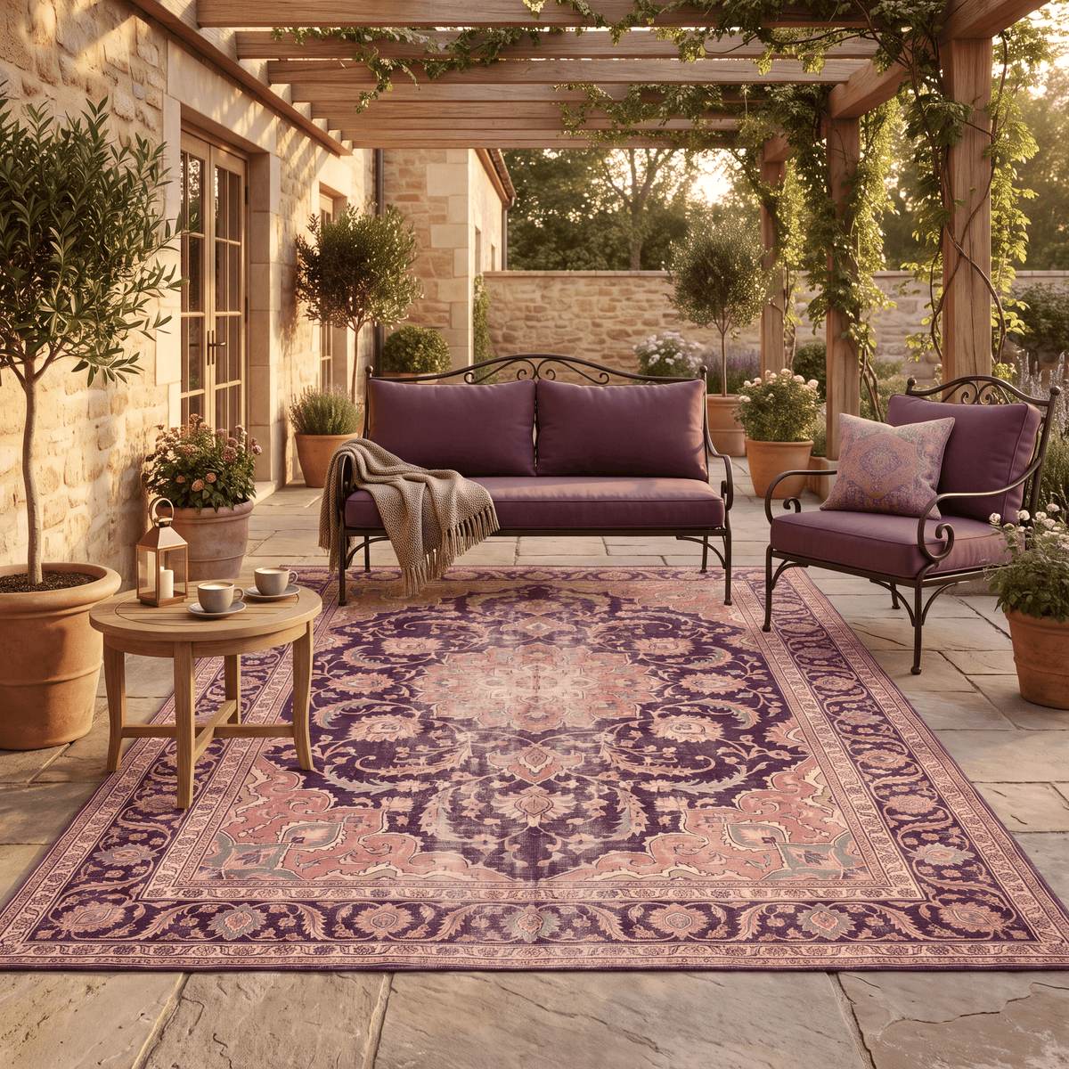 The rug laid flat on a patio beside outdoor seating.