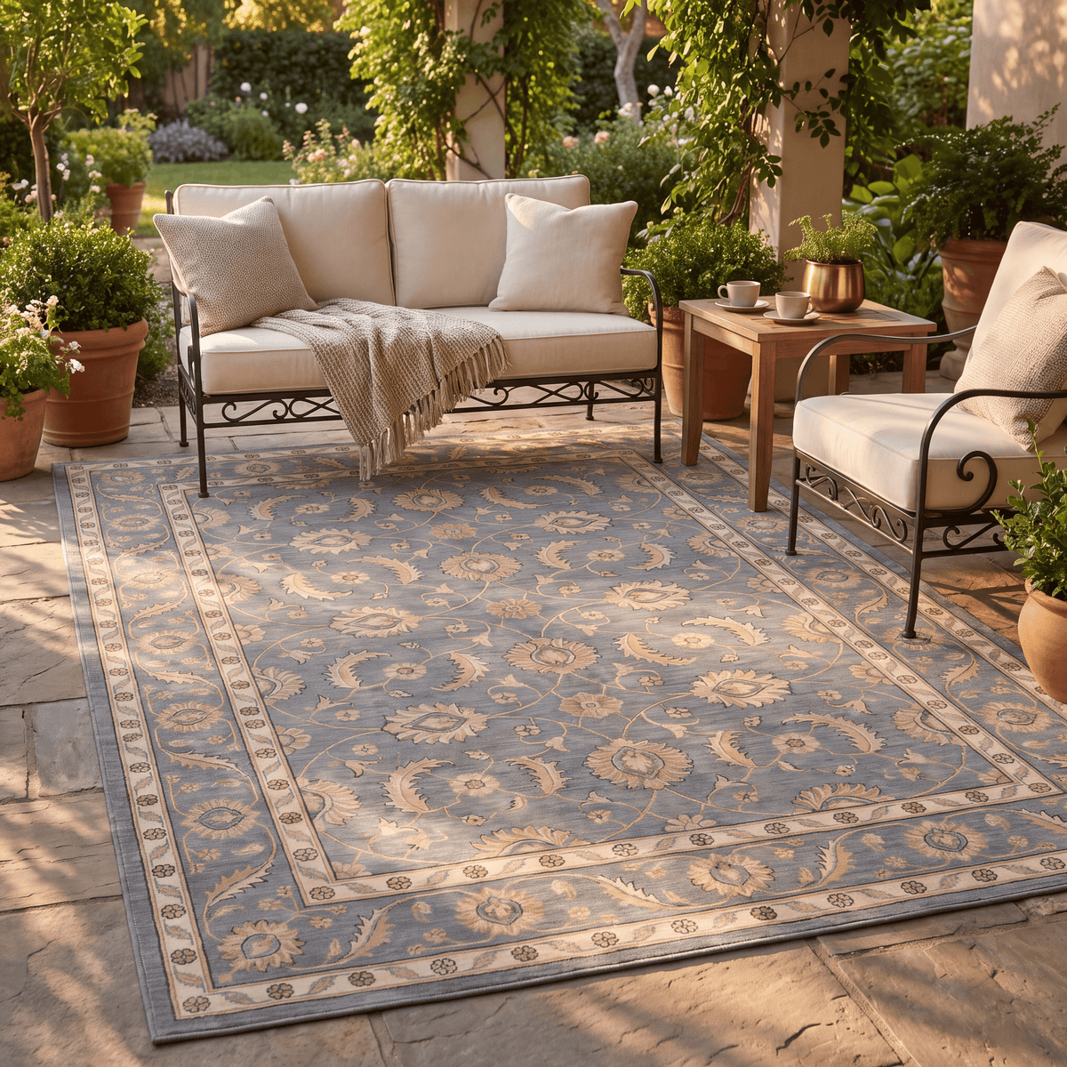 The rug laid flat on a patio beside outdoor seating.