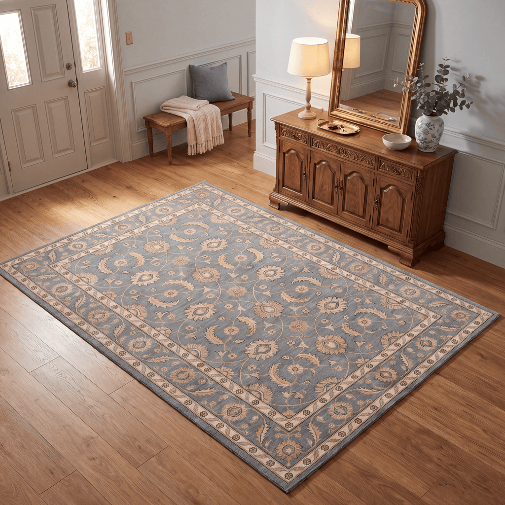 Harebell Traditional Floral Border Slate Gray Bone Gold Washable Indoor Outdoor Entryway Rug - RugzellaDigital Print RugRugzellaRugzellaBBB571-RECT-24x47-60x120cmRGZLLA171741Rectangle2' x 3'11" (60x120 cm)RECTANGLE | Harebell rectangle entryway