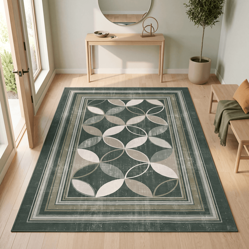 Hawkbit Modern Overlapping Circles Forest Green Moss Bone Washable Indoor Outdoor Entryway Rug - RugzellaDigital Print RugRugzellaRugzellaBBB572-RECT-24x47-60x120cmRGZLLA172076Rectangle2' x 3'11" (60x120 cm)RECTANGLE | Hawkbit rectangle entryway