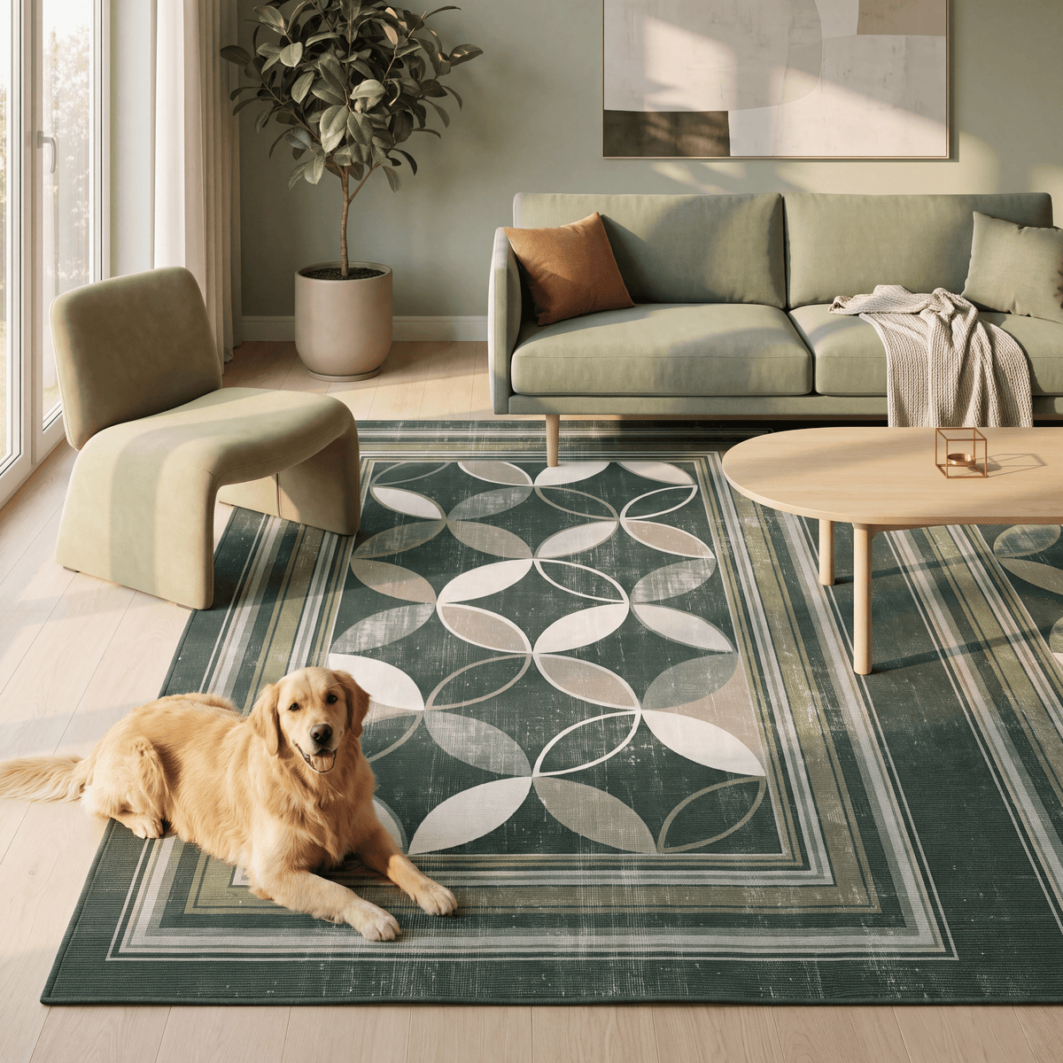 Hawkbit Modern Overlapping Circles Forest Green Moss Bone Washable Indoor Outdoor Entryway Rug - RugzellaDigital Print RugRugzellaRugzellaBBB572-RECT-24x47-60x120cmRGZLLA172076Rectangle2' x 3'11" (60x120 cm)RECTANGLE | Hawkbit rectangle livingroom