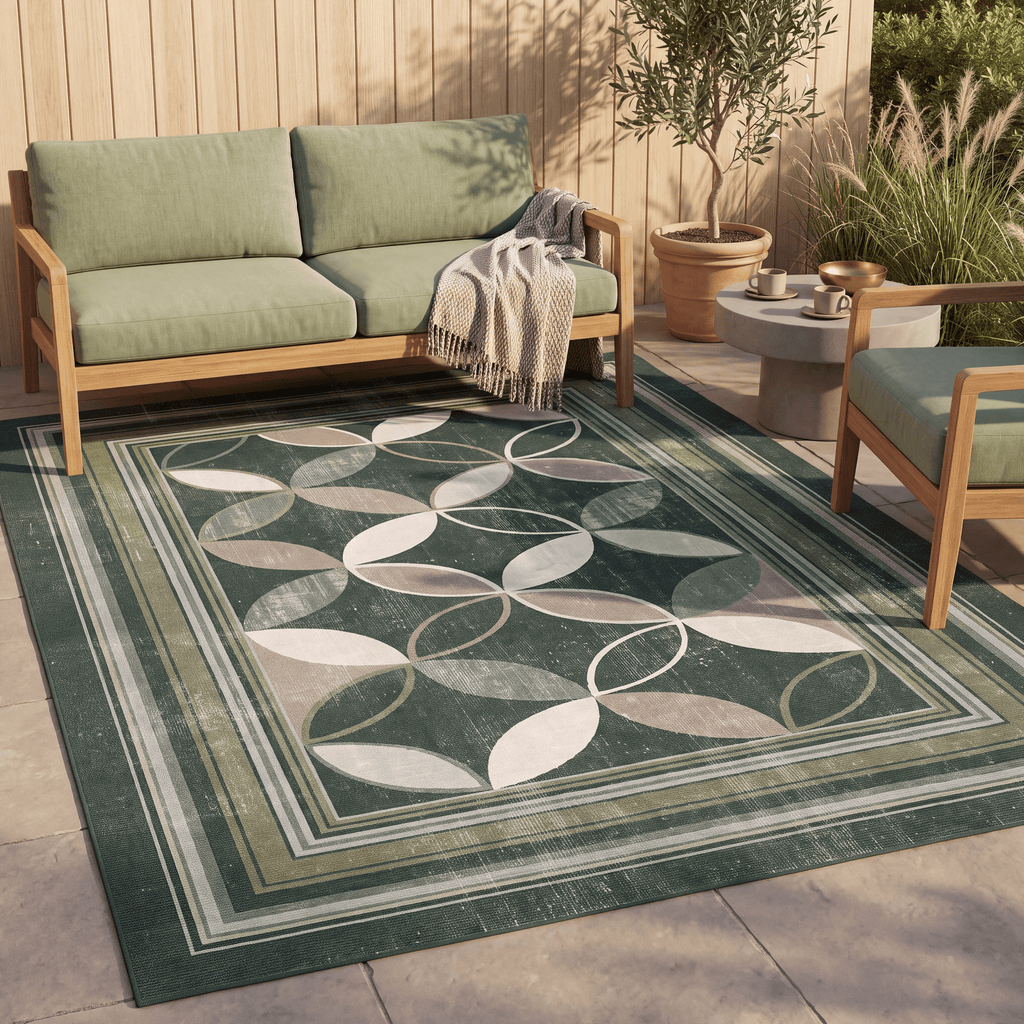 Hawkbit Modern Overlapping Circles Forest Green Moss Bone Washable Indoor Outdoor Entryway Rug - RugzellaDigital Print RugRugzellaRugzellaBBB572-RECT-24x47-60x120cmRGZLLA172076Rectangle2' x 3'11" (60x120 cm)RECTANGLE | Hawkbit rectangle outdoor