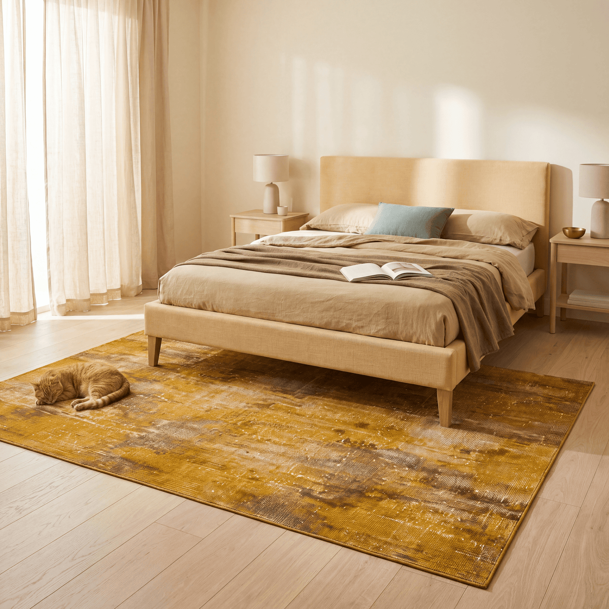 The rug at the foot of a bed with a cat asleep on it.