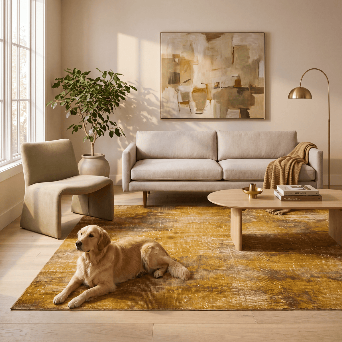 A dog resting on the rug in a living room.