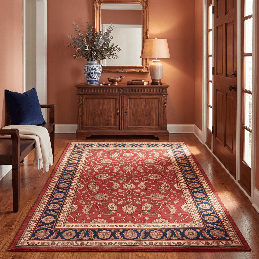 Hazeldean Traditional Floral Medallion Border Red Navy Cream Gold Washable Indoor Outdoor Entryway Rug - RugzellaDigital Print RugRugzellaRugzellaBBB456-RECT-24x47-60x120cmRGZLLA129531Rectangle2' x 3'11" (60x120 cm)RECTANGLE | Hazeldean rectangle entryway