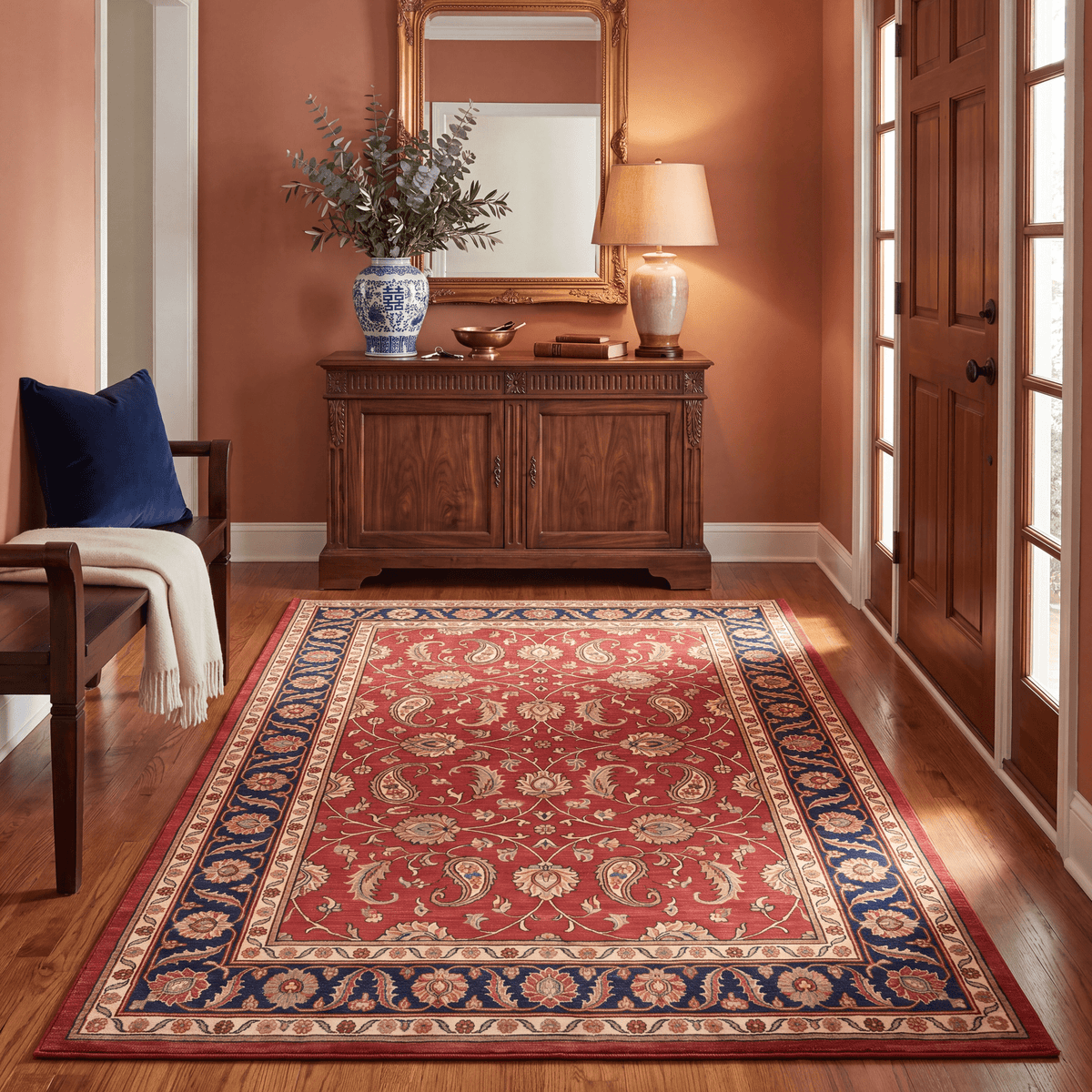 Hazeldean Traditional Floral Medallion Border Red Navy Cream Gold Washable Indoor Outdoor Entryway Rug - RugzellaDigital Print RugRugzellaRugzellaBBB456-RECT-24x47-60x120cmRGZLLA129531Rectangle2' x 3'11" (60x120 cm)RECTANGLE | Hazeldean rectangle entryway